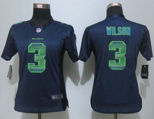 Nike Seahawks #3 Russell Wilson Steel Blue Team Color Women's Stitched NFL Elite Strobe Jersey - Click Image to Close